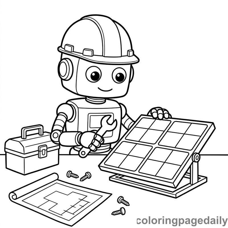 Robot Assembling Solar Panels - Daily printable coloring page in Robots and STEM category