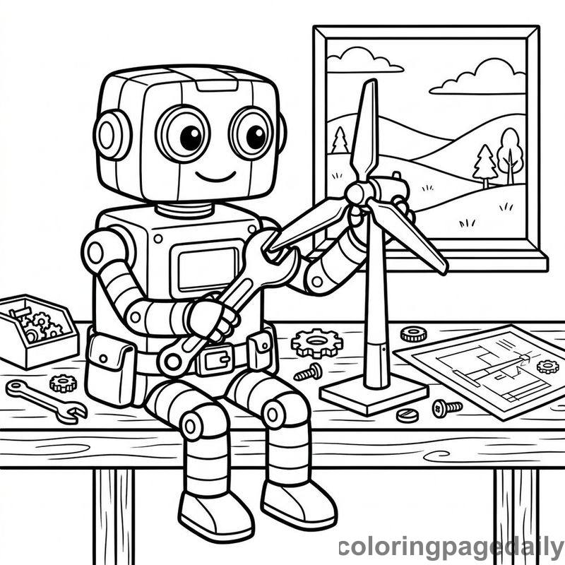 Robot Assembling Wind Turbine - Daily printable coloring page in Robots and STEM category