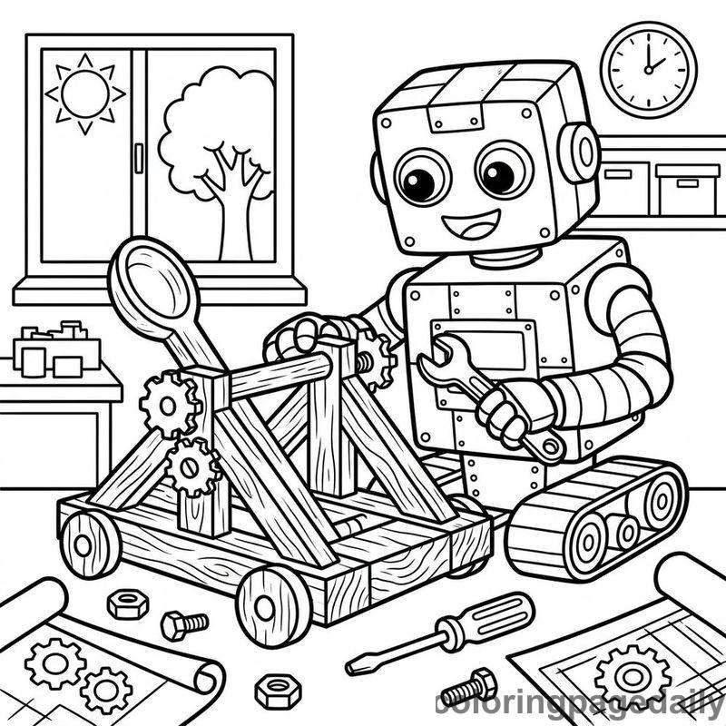 Robot Assembling Wooden Catapult - Daily printable coloring page in Robots and STEM category