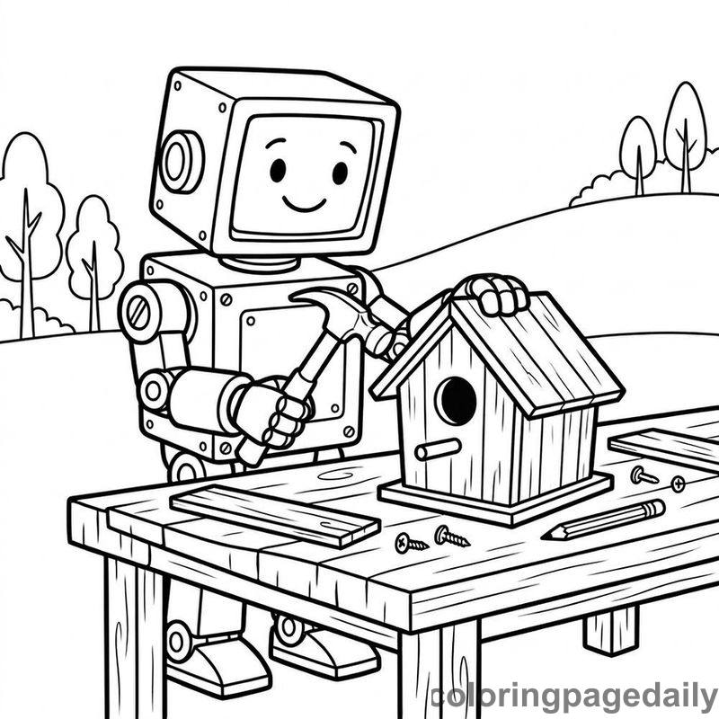 Robot Building A Birdhouse - Daily printable coloring page in Robots and STEM category