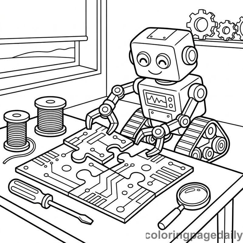 Robot Building Circuit Board - Daily printable coloring page in Robots and STEM category