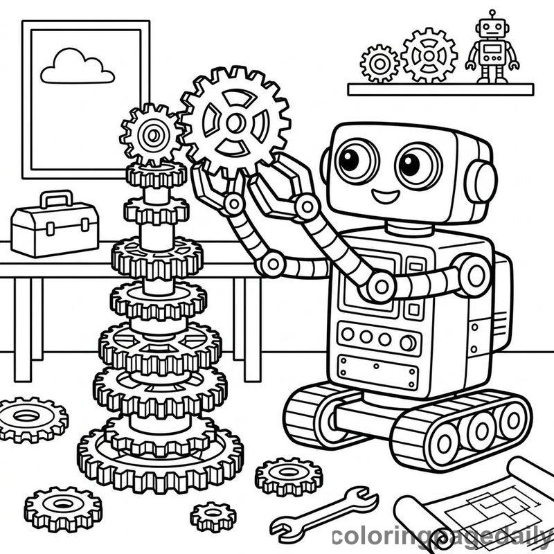 Robot Building Gear Tower - Daily printable coloring page in Robots and STEM category