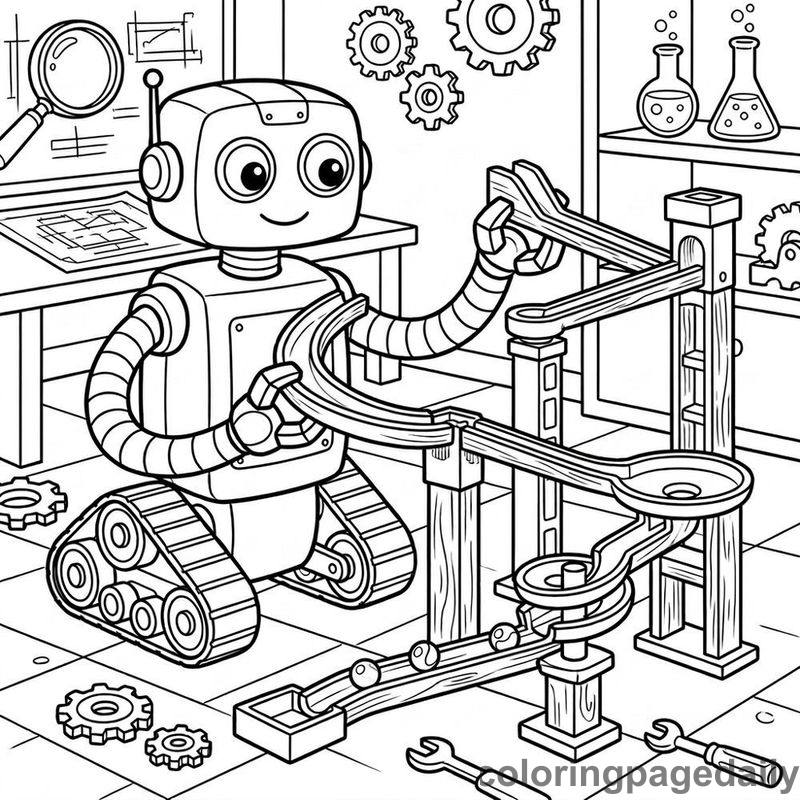 Robot Building Marble Run - Daily printable coloring page in Robots and STEM category