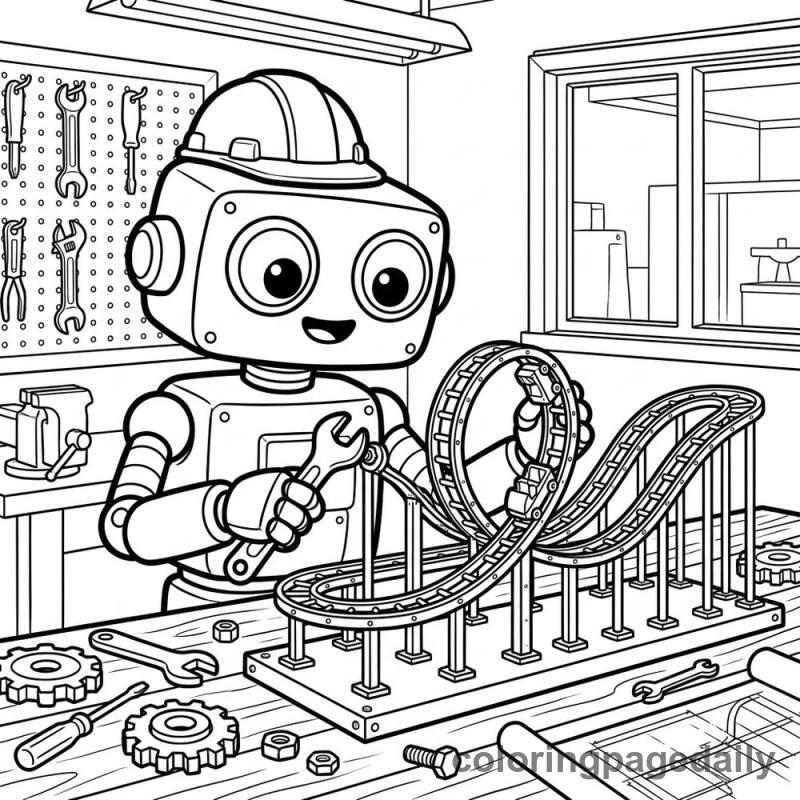 Robot Building Roller Coaster - Daily printable coloring page in Robots and STEM category