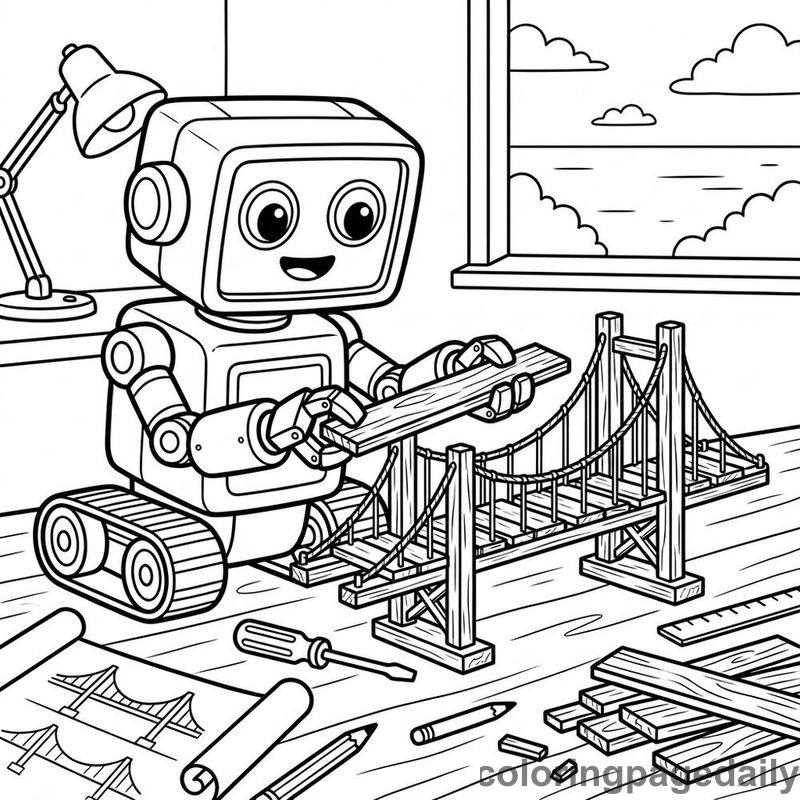 Robot Building Wooden Bridge - Daily printable coloring page in Robots and STEM category