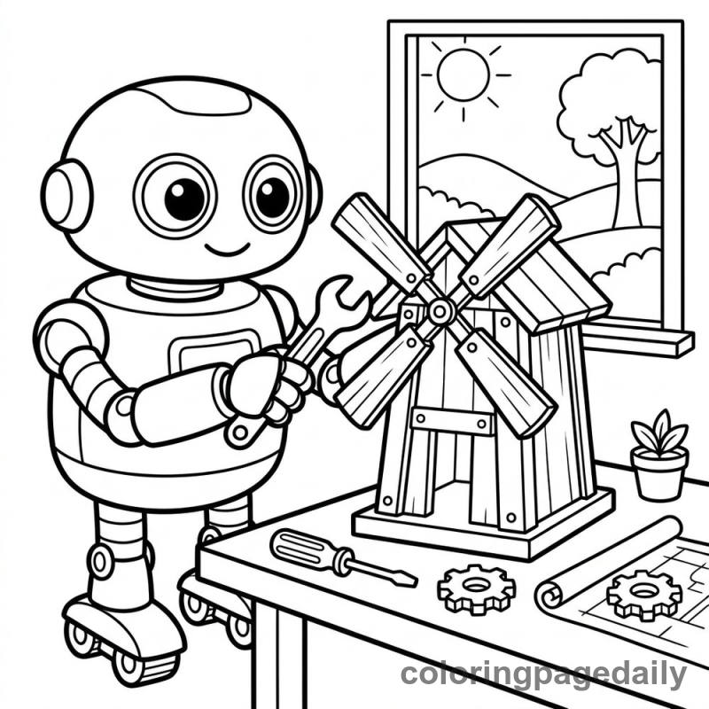 Robot Building Wooden Windmill - Daily printable coloring page in Robots and STEM category