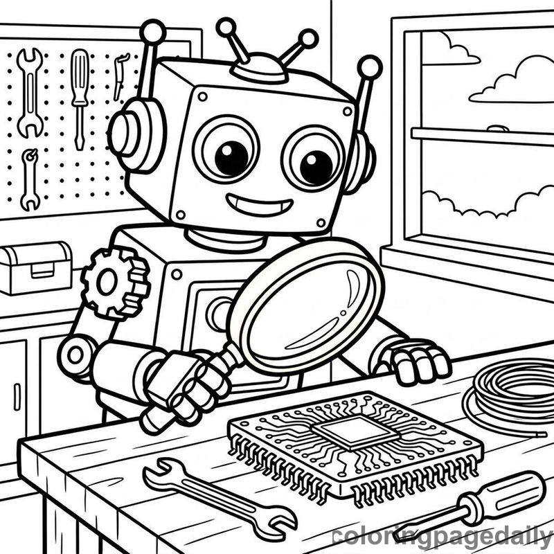 Robot Inspecting A Microchip - Daily printable coloring page in Robots and STEM category