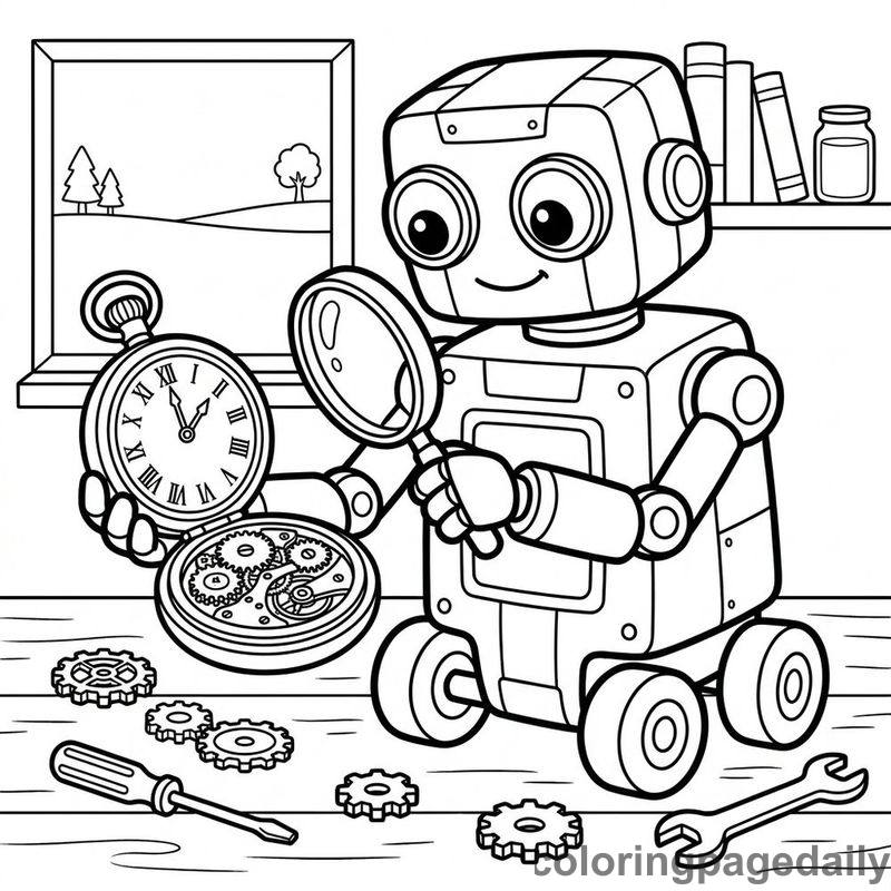 Robot Inspecting Pocket Watch - Daily printable coloring page in Robots and STEM category
