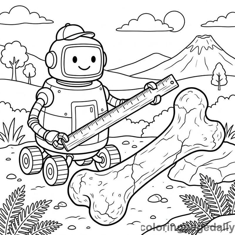 Robot Measuring Dinosaur Bone - Daily printable coloring page in Robots and STEM category
