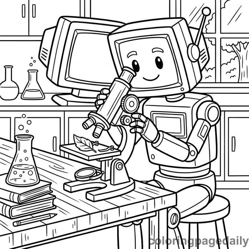 Robot Operating A Microscope - Daily printable coloring page in Robots and STEM category
