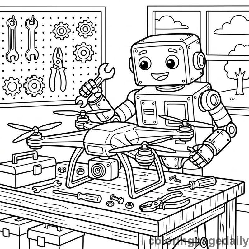 Robot Repairing Flying Drone - Daily printable coloring page in Robots and STEM category