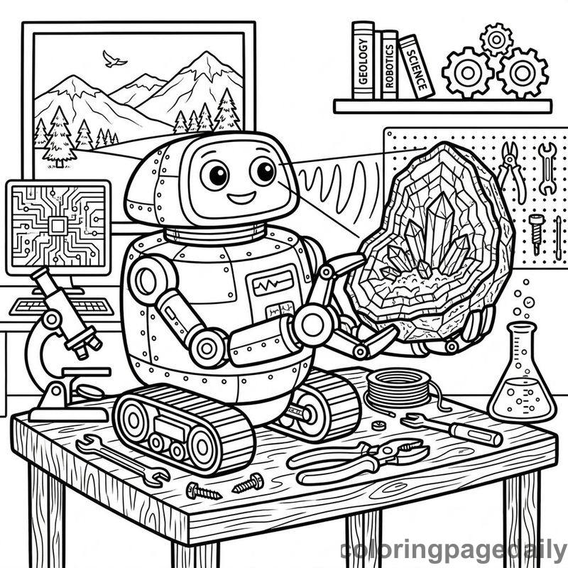 Robot Scanning Geode Crystal - Daily printable coloring page in Robots and STEM category