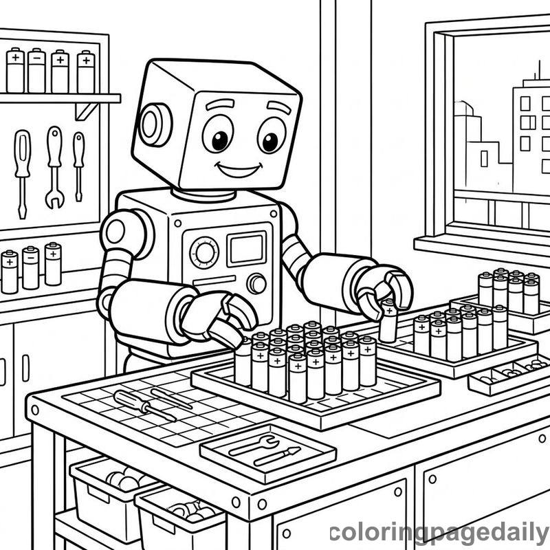 Robot Sorting Power Batteries - Daily printable coloring page in Robots and STEM category