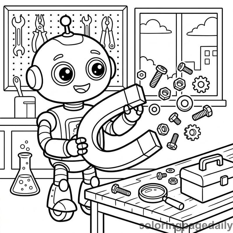 Robot Using Horseshoe Magnet - Daily printable coloring page in Robots and STEM category