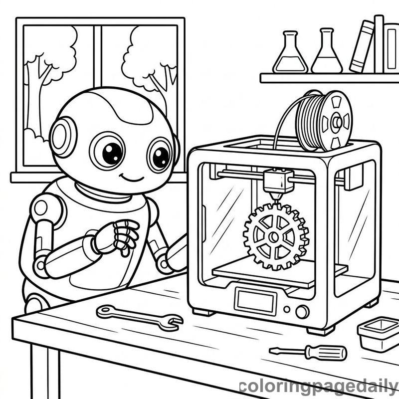 Robot Watching 3D Printer - Daily printable coloring page in Robots and STEM category