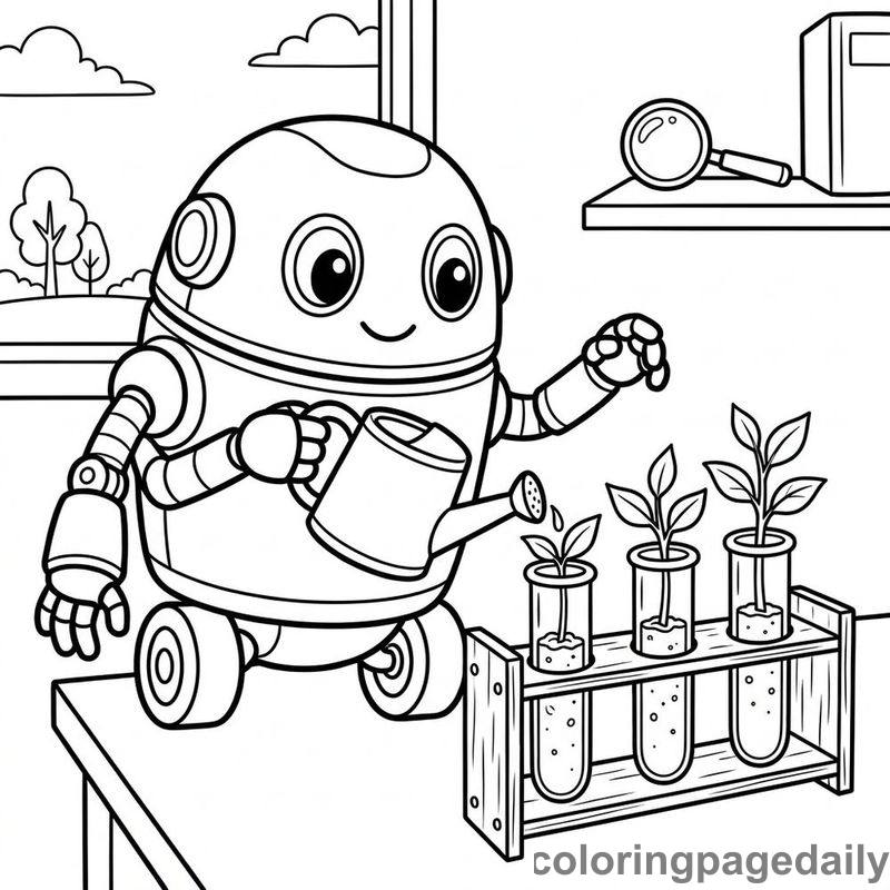 Robot Watering Plant Sprouts - Daily printable coloring page in Robots and STEM category