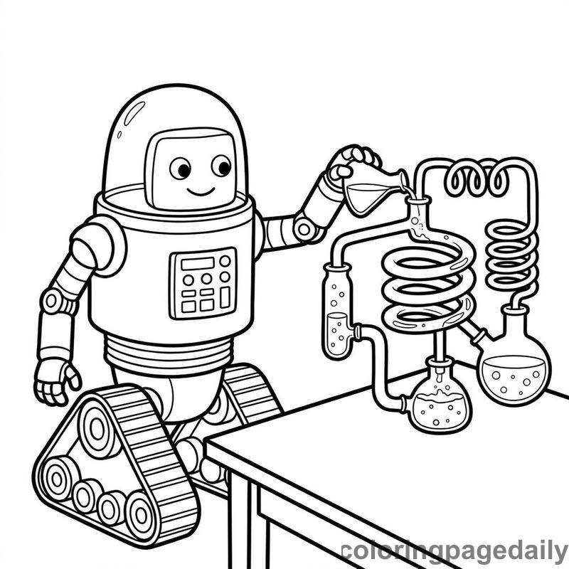 Robot's Spiraling Chemistry Experiment - Daily printable coloring page in Robots and STEM category