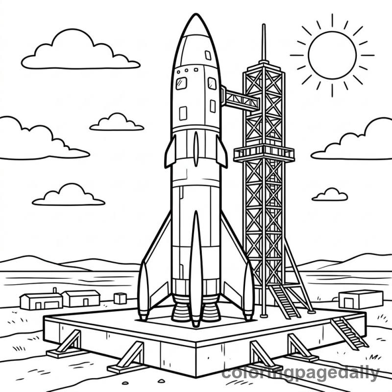 Rocket On Launchpad - Daily printable coloring page in Space category