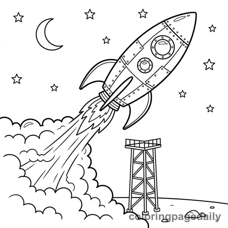 Rocket Ship Blast Off - Daily printable coloring page in Space category