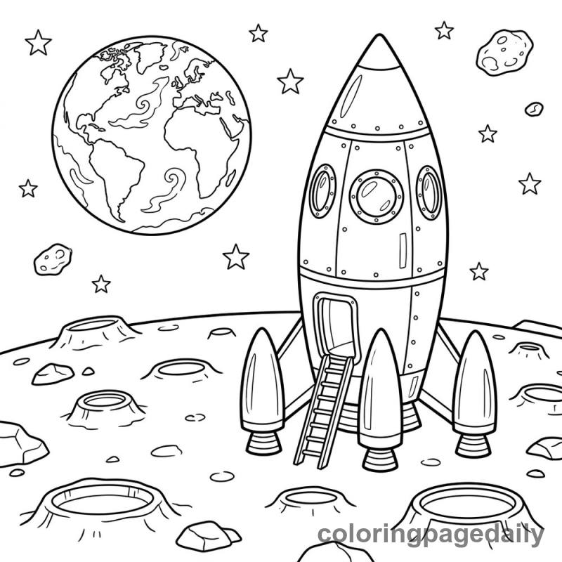 Rocket Ship on the Moon - Daily printable coloring page in Space category