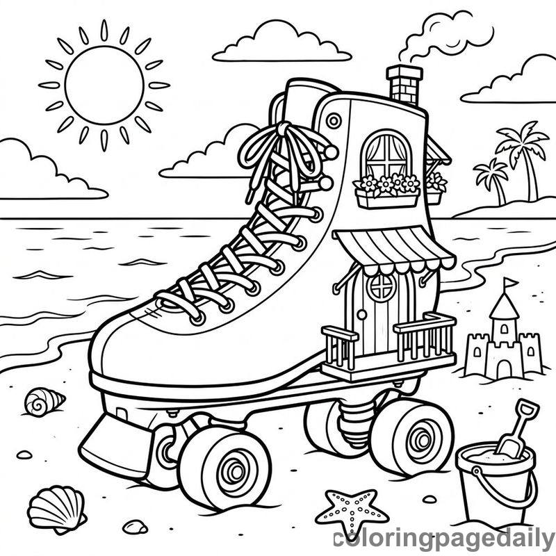 Roller Skate Summer Beach House - Daily printable coloring page in Scenery category