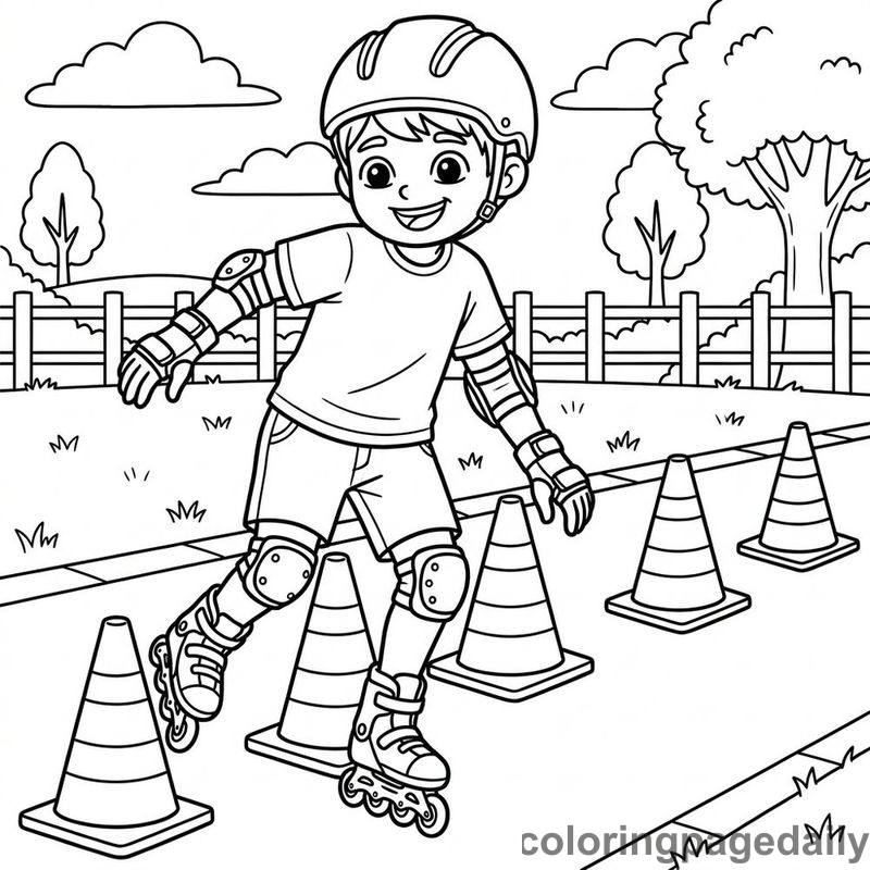 Rollerblading Through Cones - Daily printable coloring page in Sports category