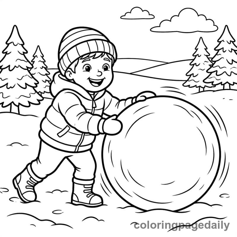 Rolling A Giant Snowball - Daily printable coloring page in Winter and Snow Season category