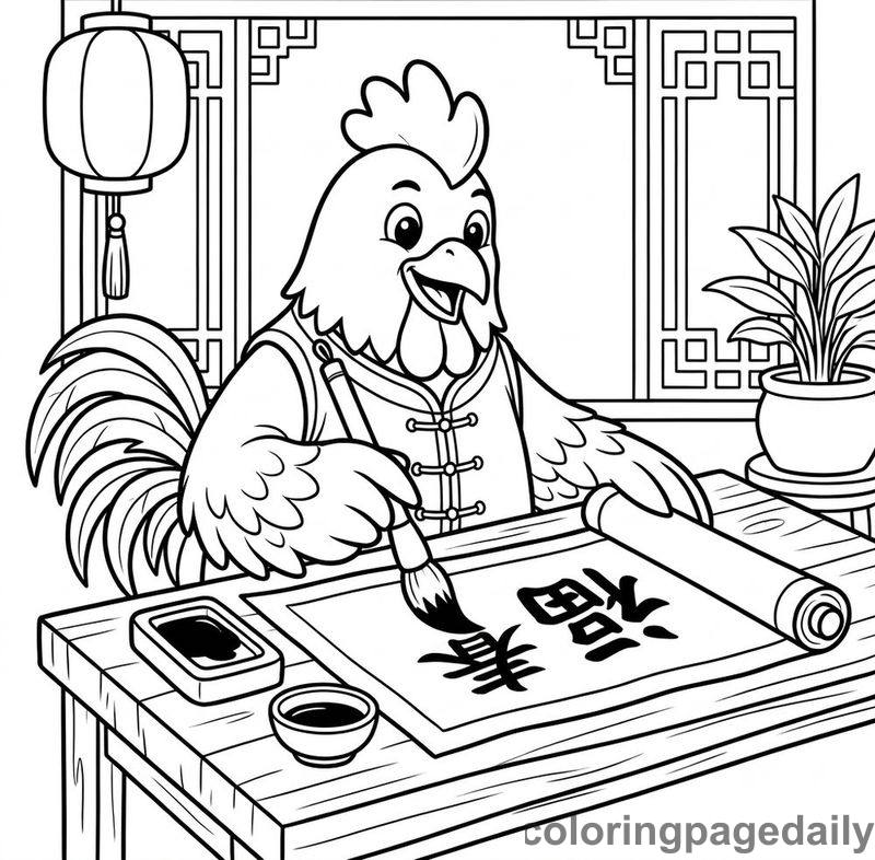 Rooster Painting Calligraphy - Daily printable coloring page in Chinese New Year category