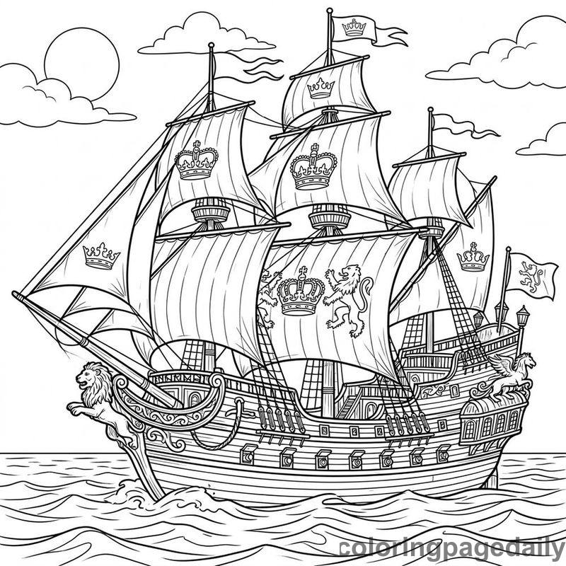 Royal Castle Galleon Ship - Daily printable coloring page in Fairy Tales category