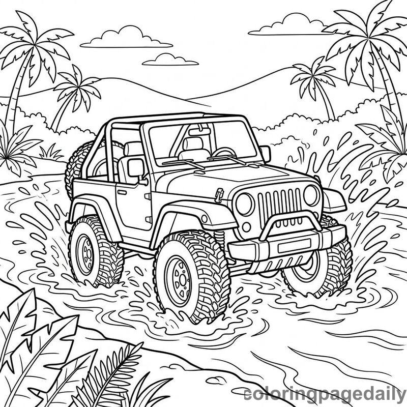 Safari Jeep Splashing River - Daily printable coloring page in Vehicle category
