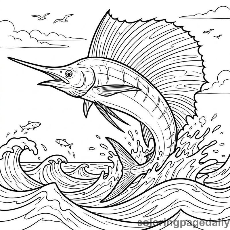 Sailfish Leaping Over Waves - Daily printable coloring page in Ocean and Underwater Life category