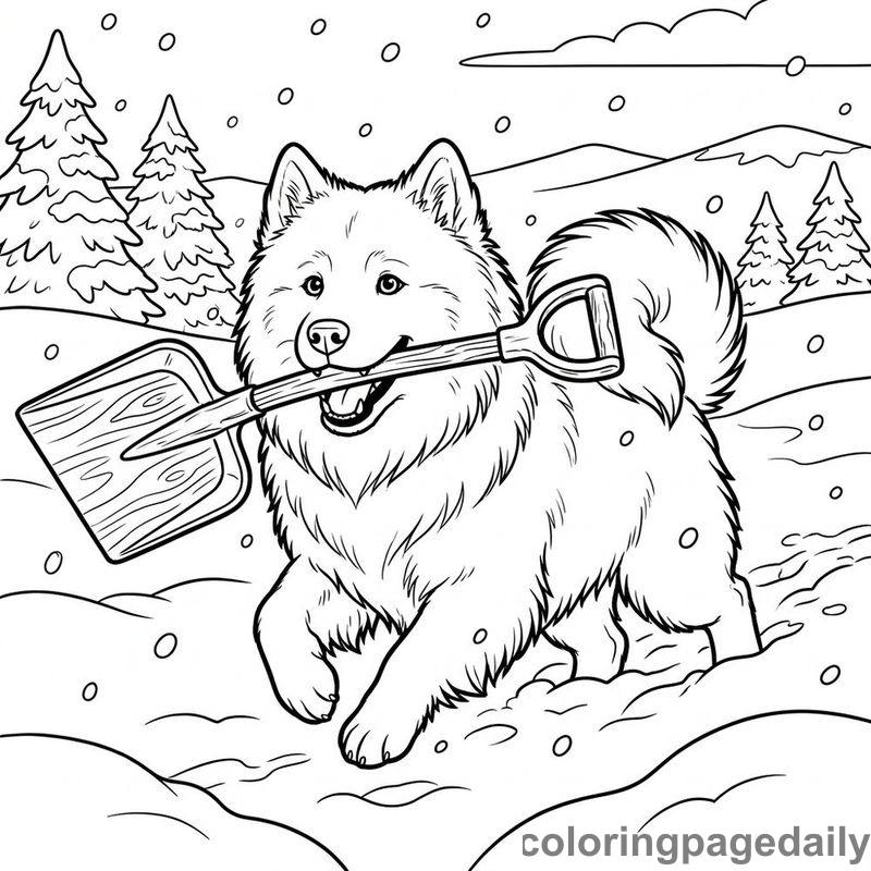 Samoyed Carrying Snow Shovel - Daily printable coloring page in Winter and Snow Season category
