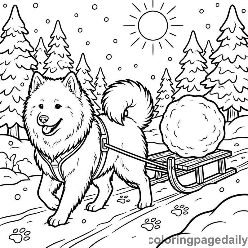 Samoyed Pulling Snowball Sled - Daily printable coloring page in Winter and Snow Season category