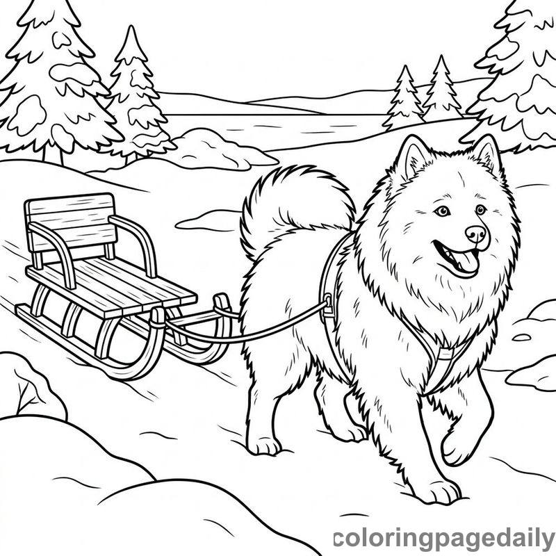 Samoyed Pulling Wooden Toboggan - Daily printable coloring page in Winter and Snow Season category