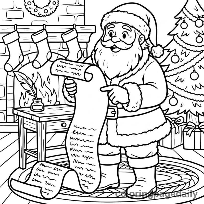 Santa Checks the List - Daily printable coloring page in Christmas category