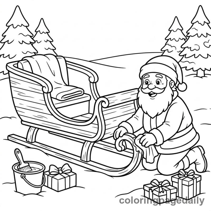 Santa Cleaning Sleigh - Daily printable coloring page in Christmas category