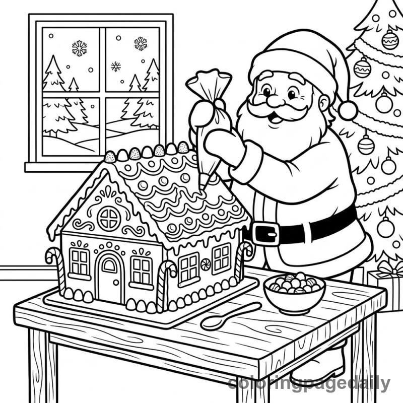 Santa Decorating a Gingerbread House - Daily printable coloring page in Christmas category