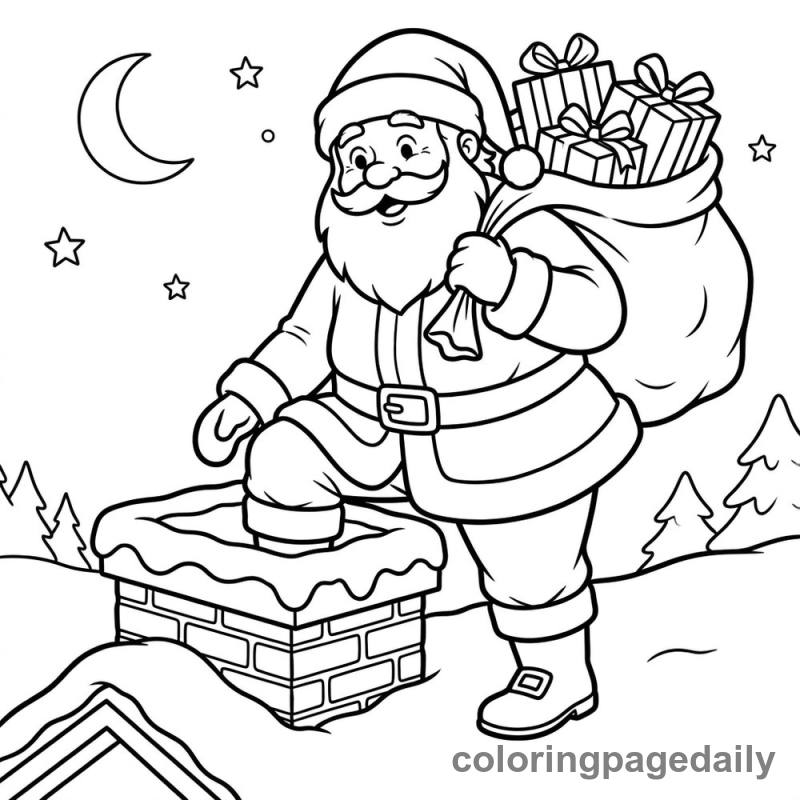 Santa Entering Chimney - Daily printable coloring page in Christmas category