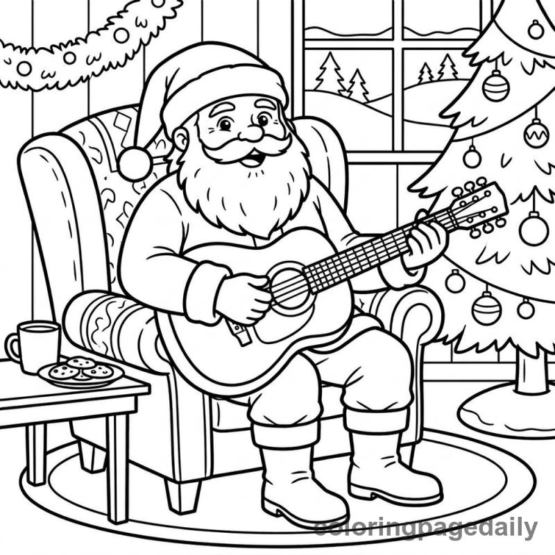 Santa Playing Guitar - Daily printable coloring page in Christmas category