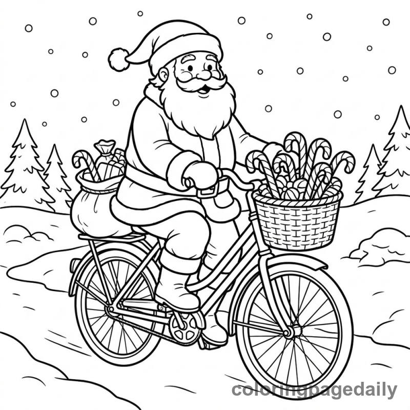 Santa Riding Bicycle - Daily printable coloring page in Christmas category