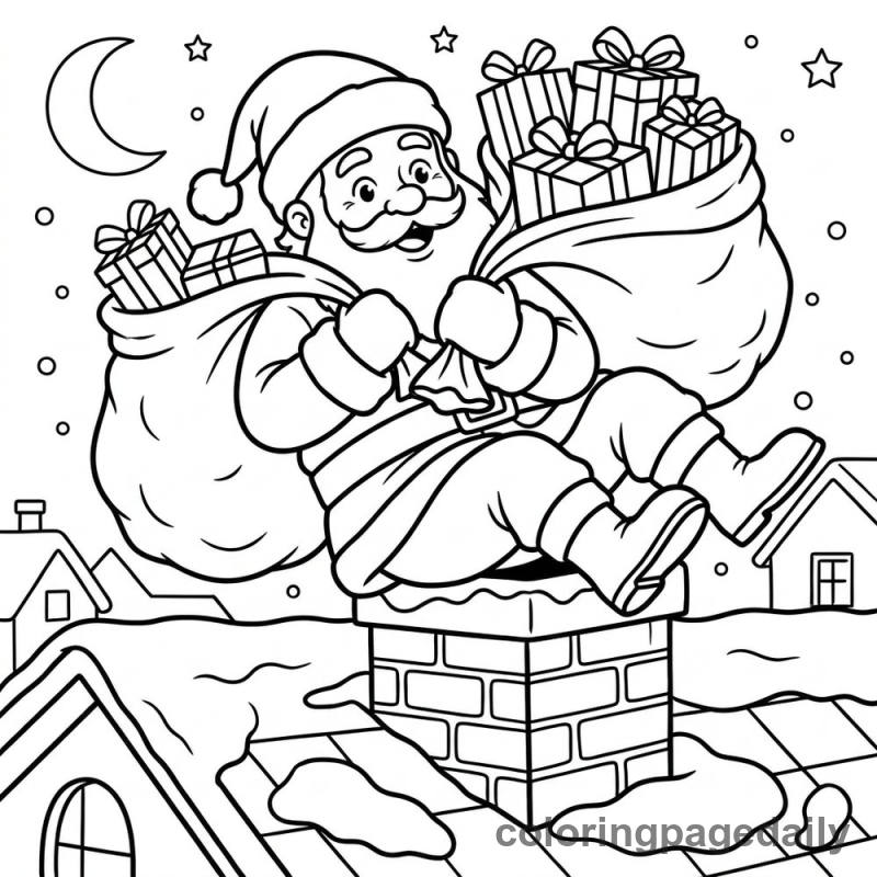 Santa Slides Down the Chimney - Daily printable coloring page in Christmas category