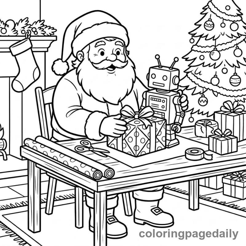 Santa Wrapping Robot - Daily printable coloring page in Christmas category