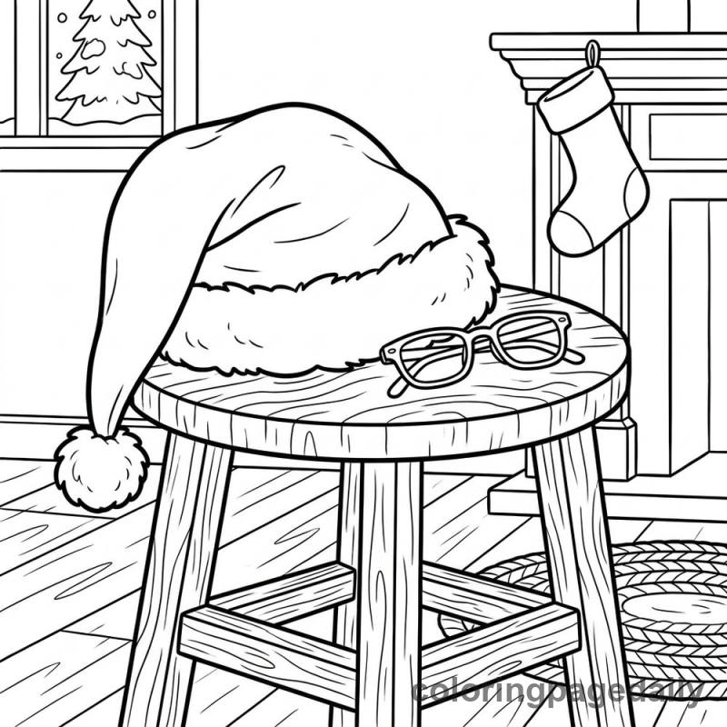 Santa's Hat on Stool - Daily printable coloring page in Christmas category