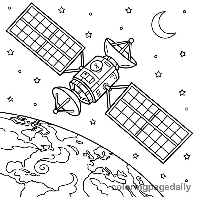 Satellite Soaring High - Daily printable coloring page in Space category