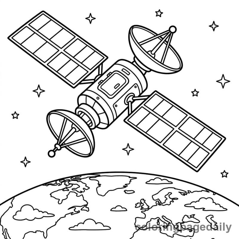 Satellite Orbiting Planet Earth - Daily printable coloring page in Space category