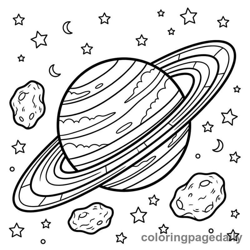 Saturn and its Asteroid Friends - Daily printable coloring page in Space category