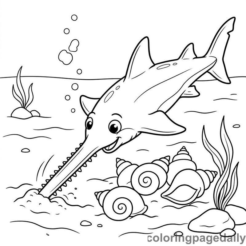 Sawfish Discovering Conch Shells - Daily printable coloring page in Ocean and Underwater Life category