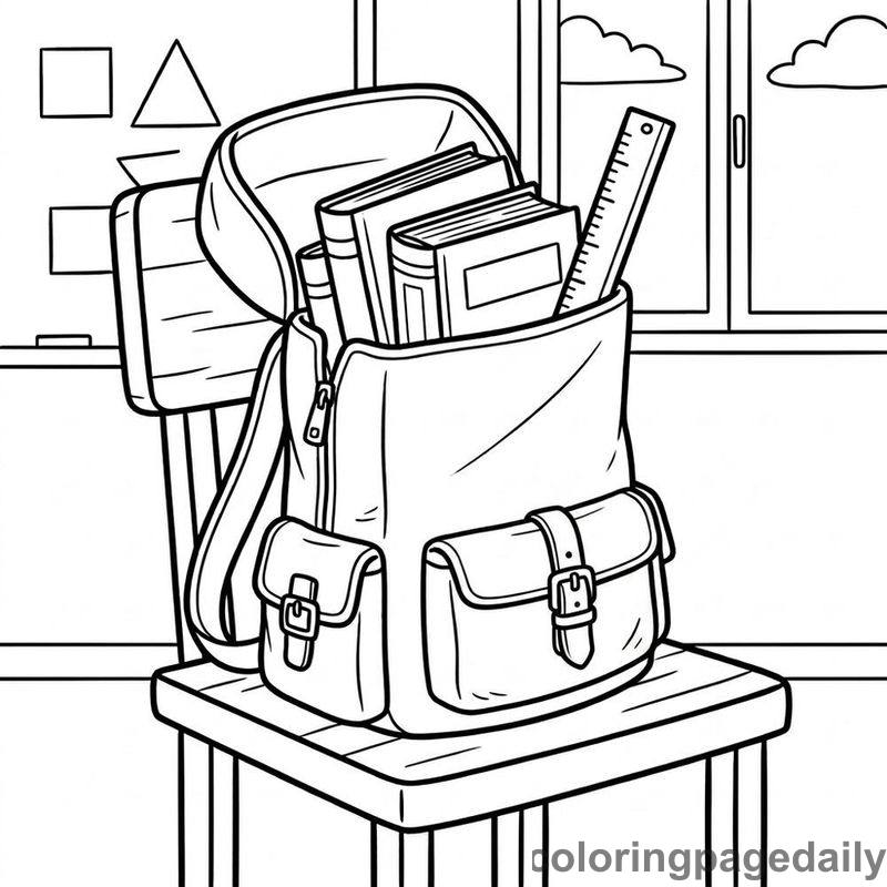 School Backpack And Textbooks - Daily printable coloring page in Back to School category