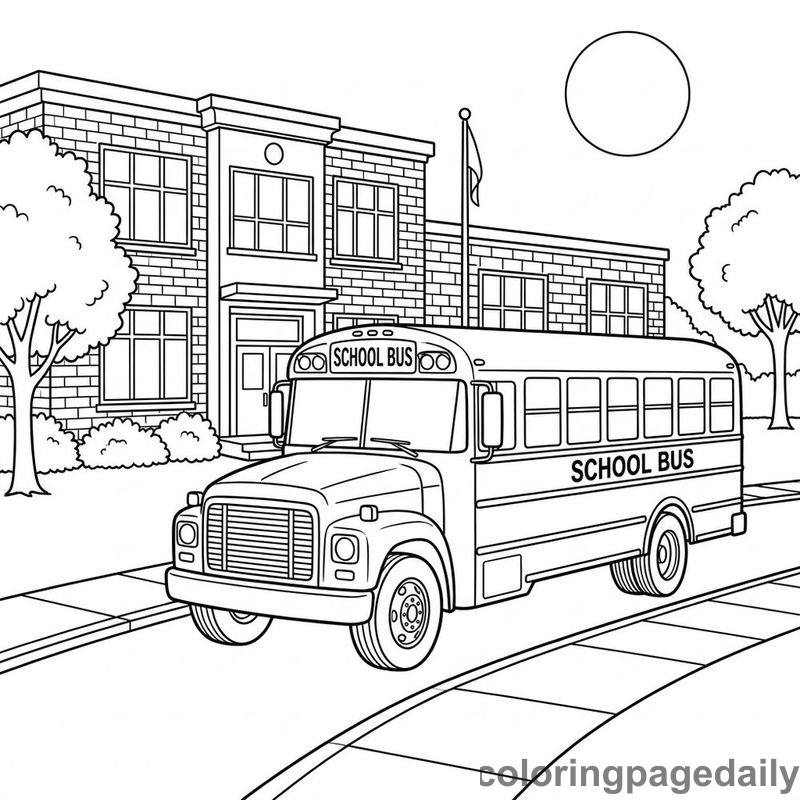 School Bus At Campus - Daily printable coloring page in Back to School category