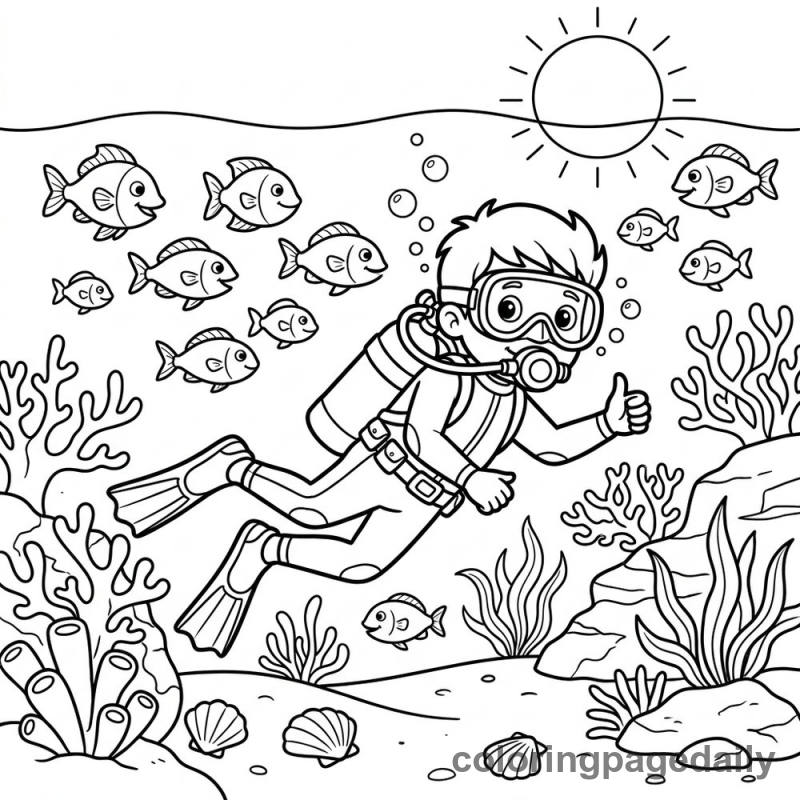 Scuba Diver Ocean Adventure - Daily printable coloring page in Ocean and Underwater Life category